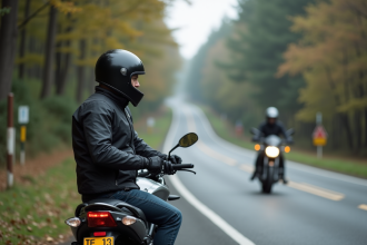 Motard en veste noire sur route rurale calme