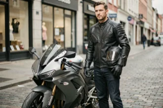 Motard en veste de cuir noir debout à côté de sa moto sportive dans une rue urbaine pavée, illustrant le choix d'assurance moto pour profil sportif