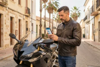 Motard à Toulon comparant des offres d'assurance moto sur son smartphone devant sa moto garée en ville