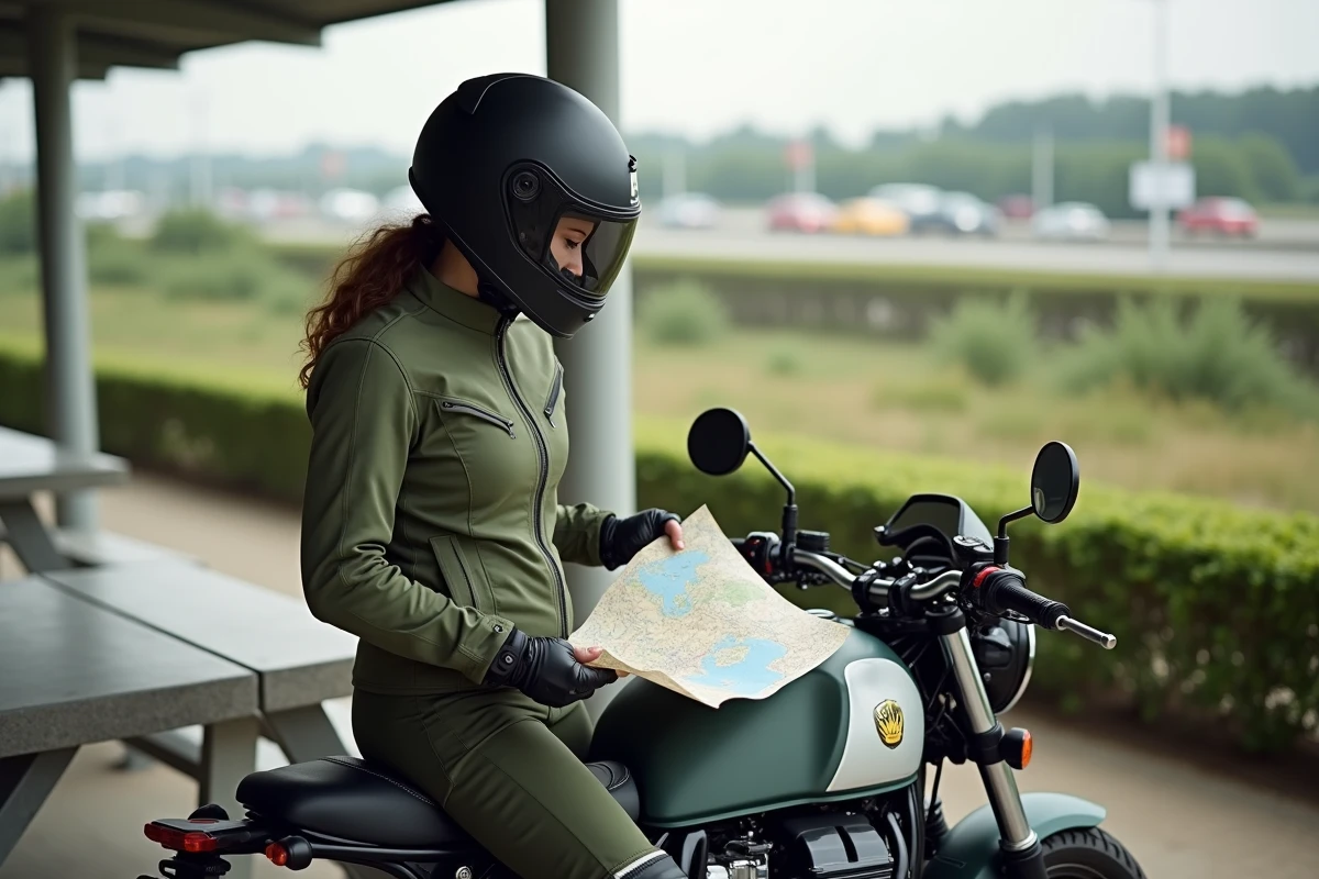 Motarde consultant une carte routière sur sa café racer équipée pour les longs trajets à une aire d'autoroute