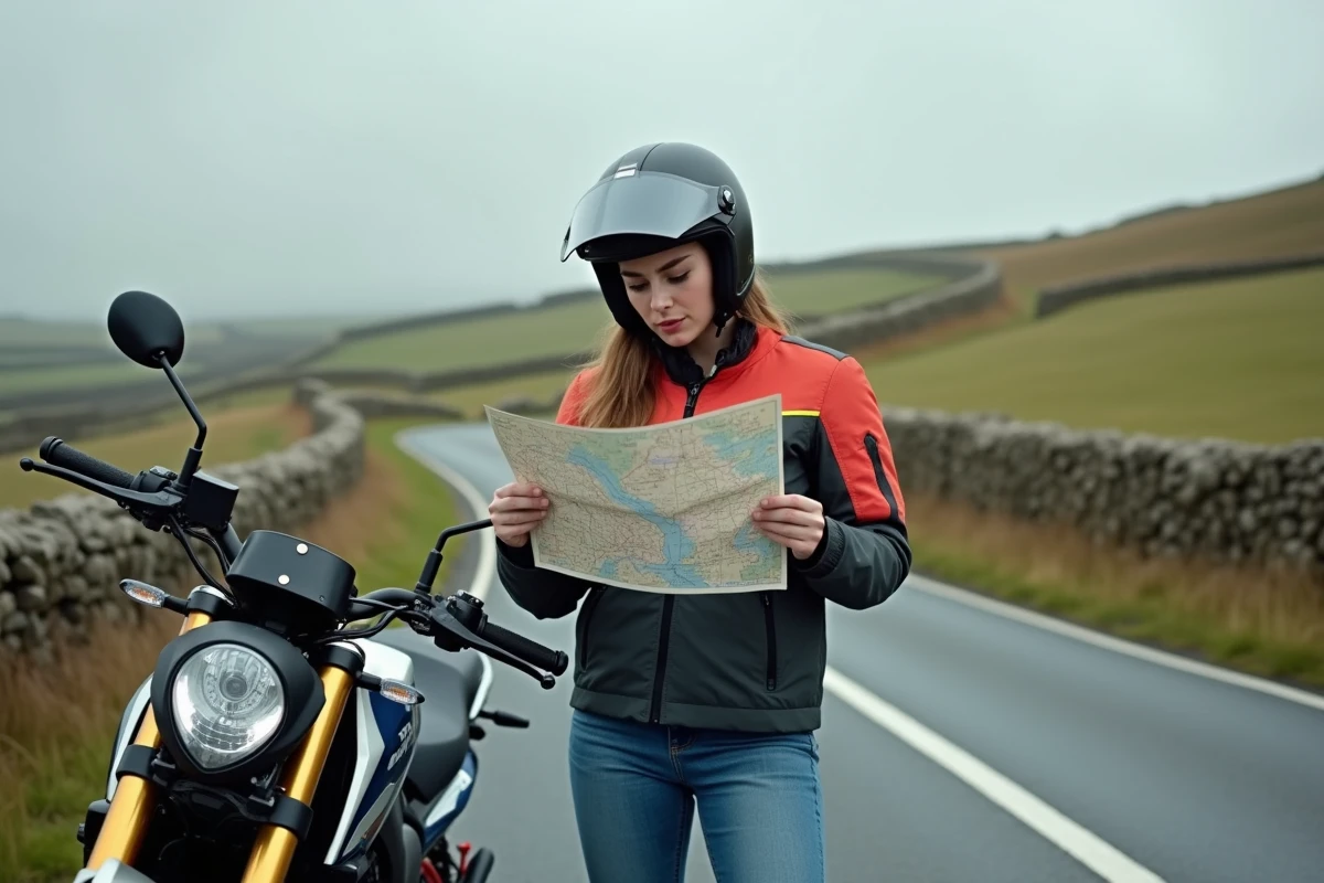 Motarde débutante consultant une carte routière au bord d'une route sinueuse à la campagne, symbolisant les erreurs de navigation et de préparation à éviter