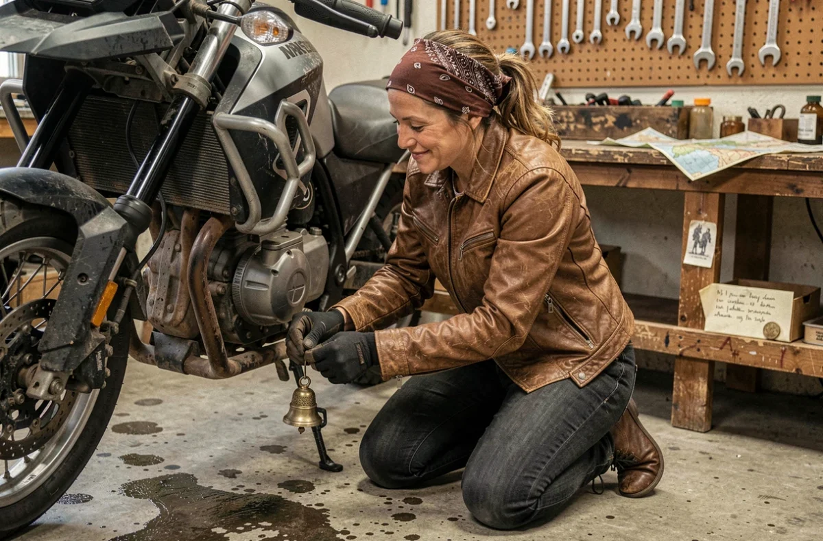 Motarde agenouillée dans un garage accrochant une guardian bell à sa moto adventure, entourée d'objets rituels avant le départ