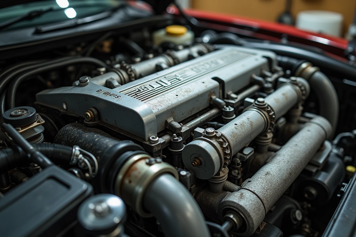 Gros plan sur le moteur V12 6.0 litres biturbo d'une Mercedes dans un atelier automobile, détails mécaniques authentiques visibles