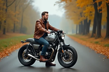 Motard en veste cuir sur une café racer customisée avec selle confort sur route de campagne en automne