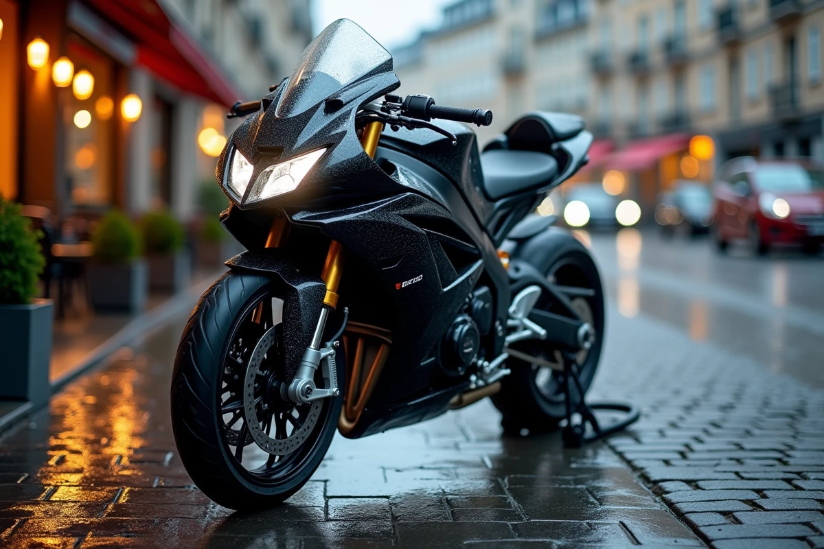 Moto haute performance moderne aux détails techniques avancés garée sur une rue urbaine européenne humide, symbolisant les futures évolutions Moto 3.0 en 2026