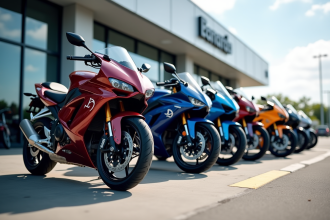 Ligne de motos haut de gamme devant un concessionnaire moderne
