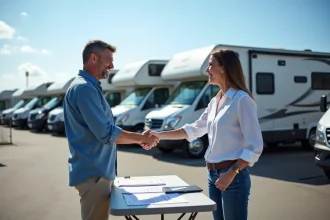 Négociation du prix d'un camping-car poids lourd d'occasion entre un acheteur et un vendeur dans un parc de véhicules de loisirs