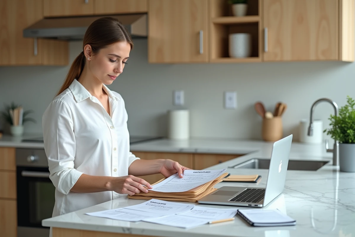 Femme organisant ses révisions au permis de conduire en candidat libre avec des fiches PDF triées dans des classeurs sur un comptoir de cuisine