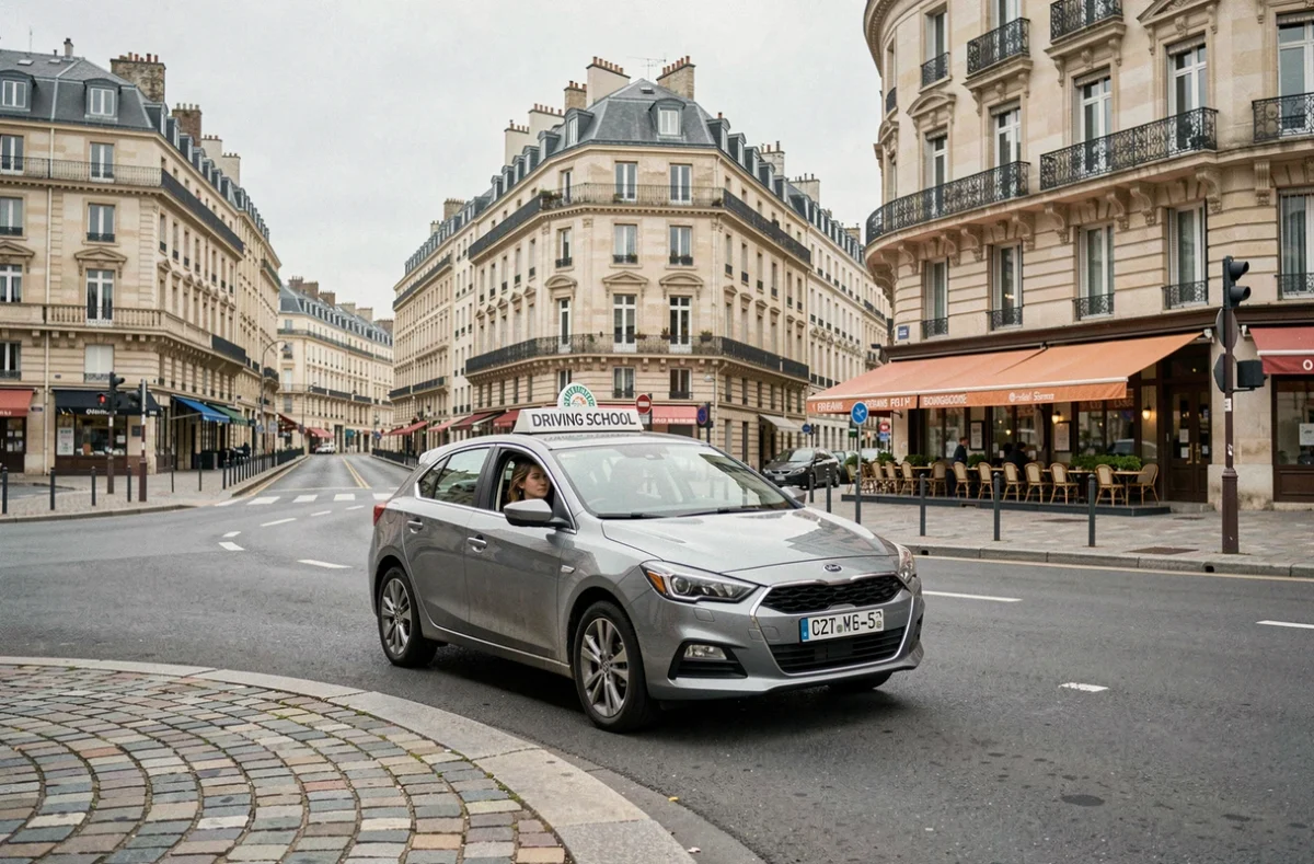 Un élève d'Orléans Conduite Bourgogne au volant dans un rond-point du quartier Bourgogne à Orléans