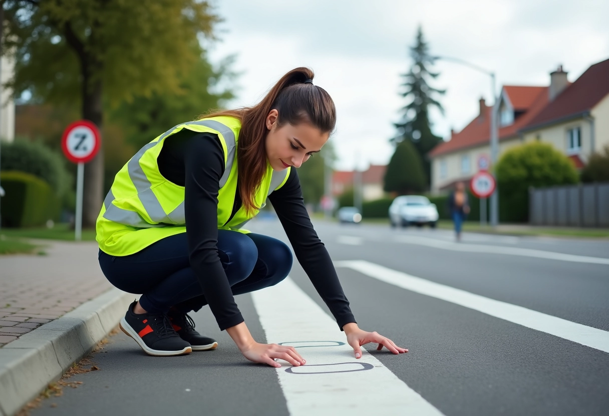Jeune femme municipale marque les lignes de route