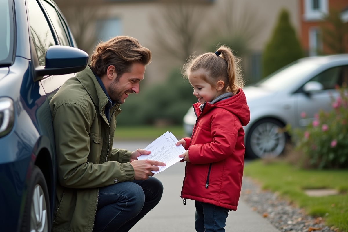 Père montrant devis auto à sa fille dans la cour