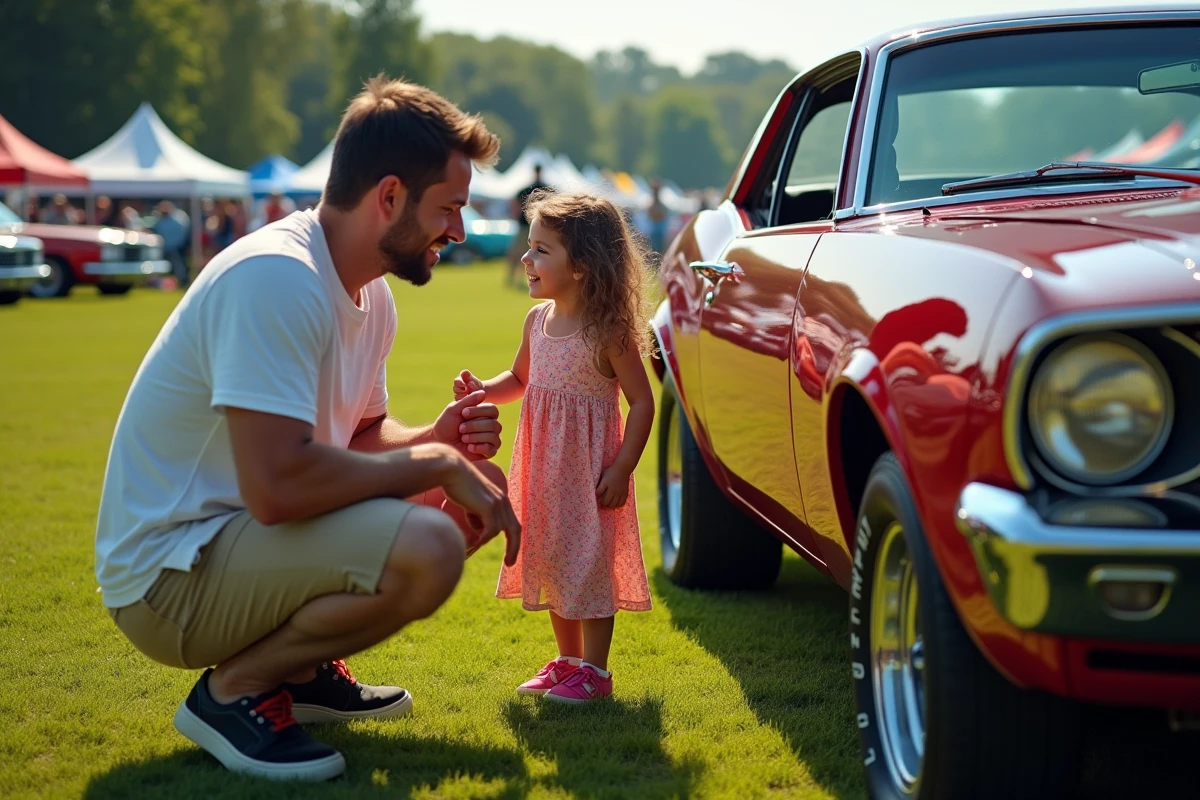 Père montrant une voiture de collection à sa fille dans un champ