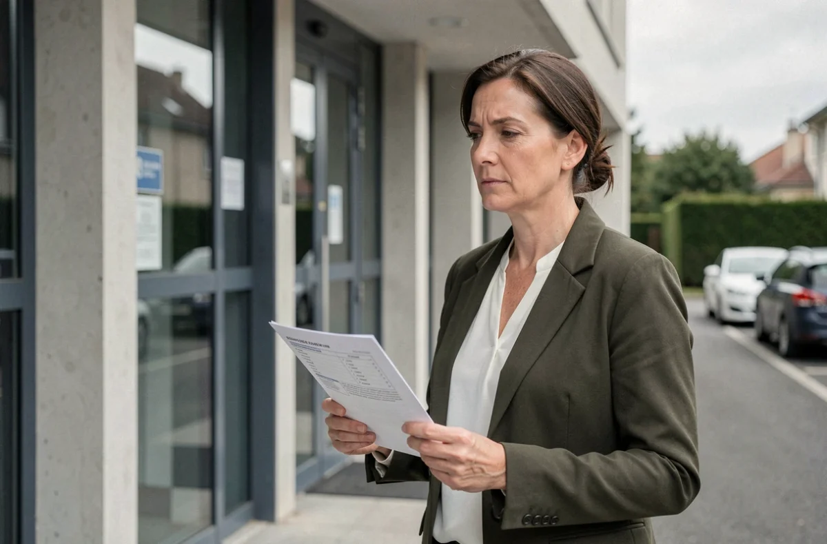 Femme adulte devant un centre d'examen officiel pour repasser le code de la route en candidat libre avec sa convocation à la main