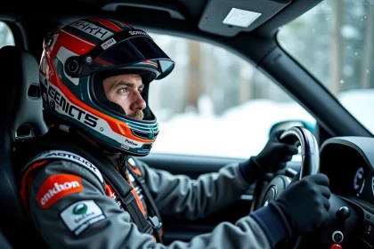 Pilote de rallye concentré en forêt enneigée