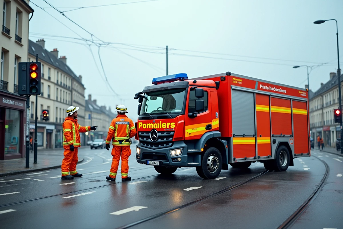 Camion de pompiers de Rennes stationné sur un carrefour avec deux sapeurs-pompiers en tenue de protection sur les lieux d'un accident