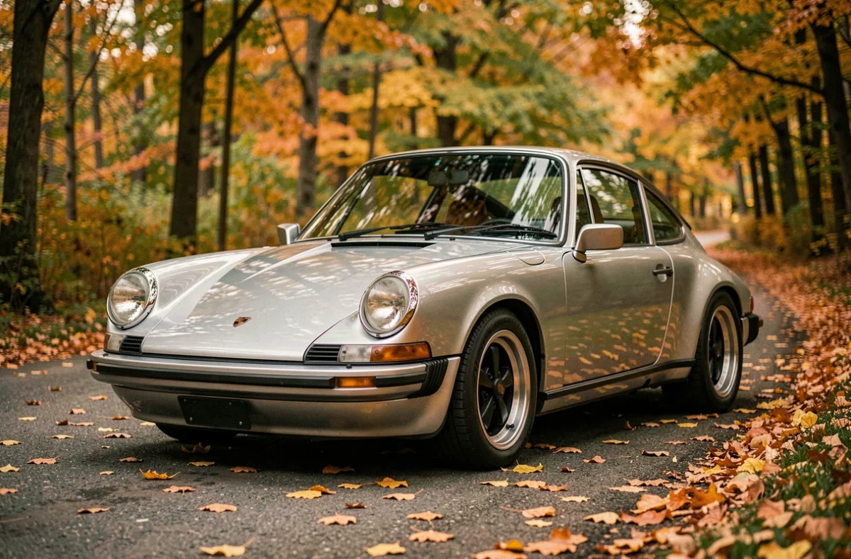 Porsche 911 de 1972 argentée sur une route de campagne en automne, voiture de collection classique