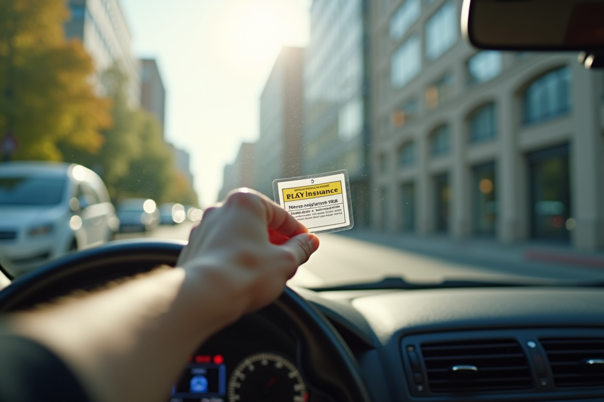 Main posant une vignette d'assurance sur le pare-brise d'une voiture propre