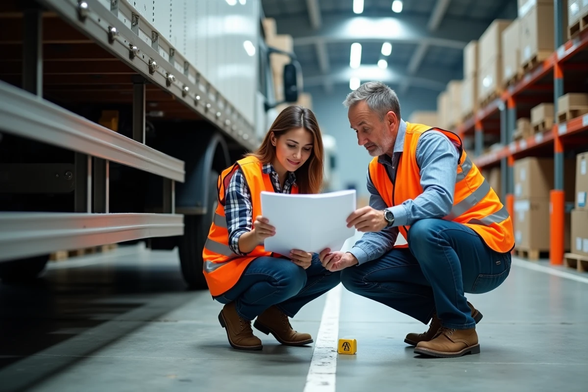 Deux professionnels de la logistique comparant des fiches de gabarits imprimées aux dimensions réelles d'un camion de livraison dans un entrepôt de distribution