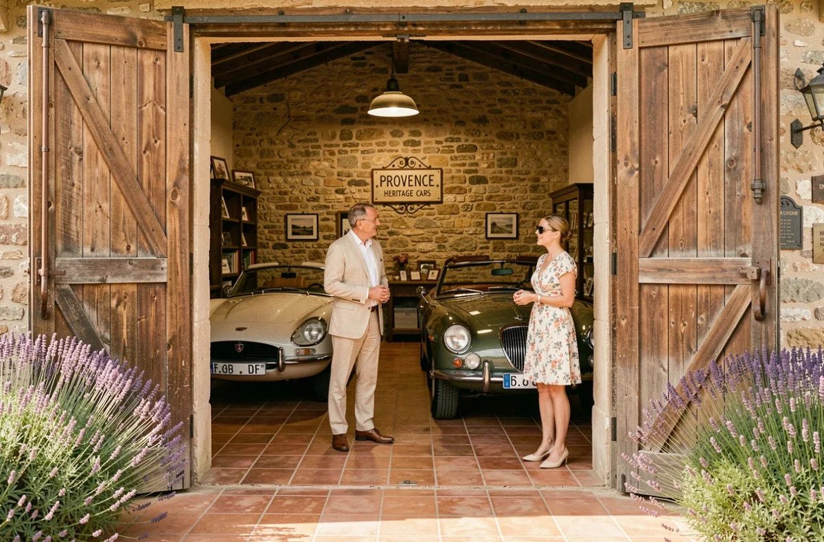 Showroom Provence Heritage Cars dans une grange en pierre du Luberon avec des véhicules classiques restaurés et un curateur présentant une voiture vintage à une cliente