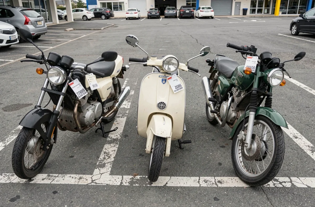 Rangée de motos d'occasion en vente dans un parc automobile, différents types de véhicules avec étiquettes de prix