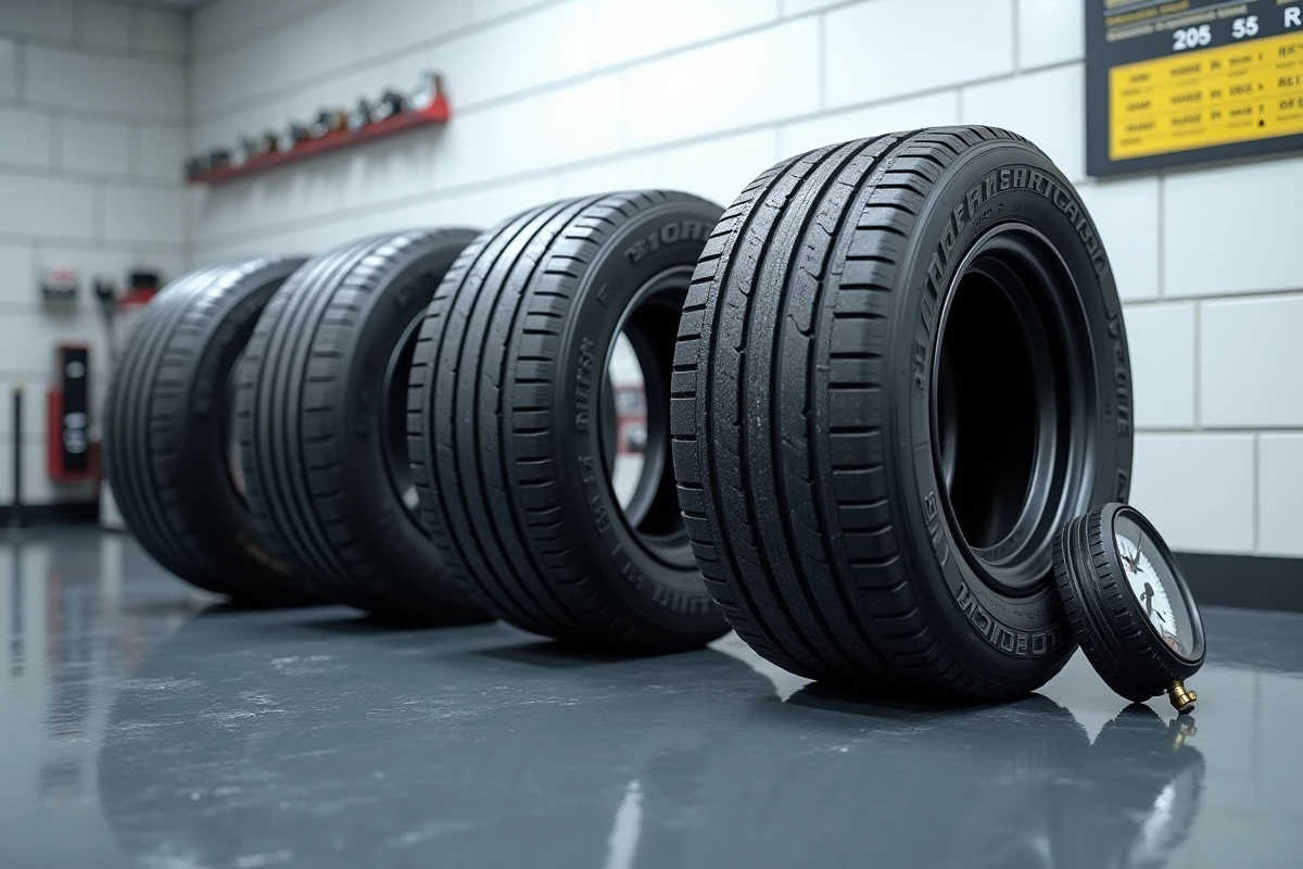 Rangée de pneus avec marquages de taille visibles sur le flanc dans un garage automobile propre