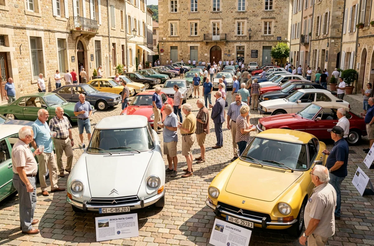 Rassemblement de voitures de collection en place de village française avec Citroën DS et Alpine A110