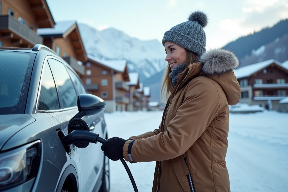 Femme branchant un câble de recharge sur un SUV électrique 4x4 dans une station de ski en montagne
