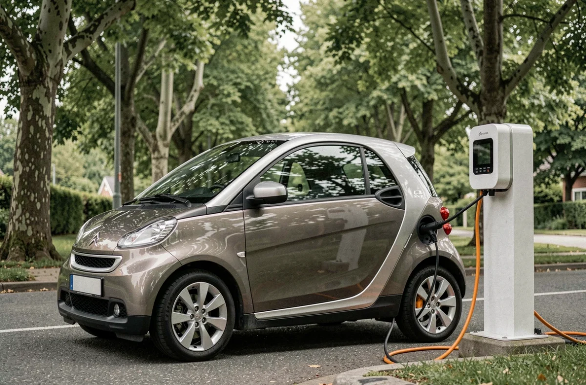 Voiture sans permis électrique Citroën en charge sur une borne publique dans une rue résidentielle