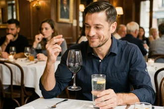 Un homme refuse poliment un verre de vin au restaurant, choisissant l'eau pour rester sous la limite d'alcool au volant