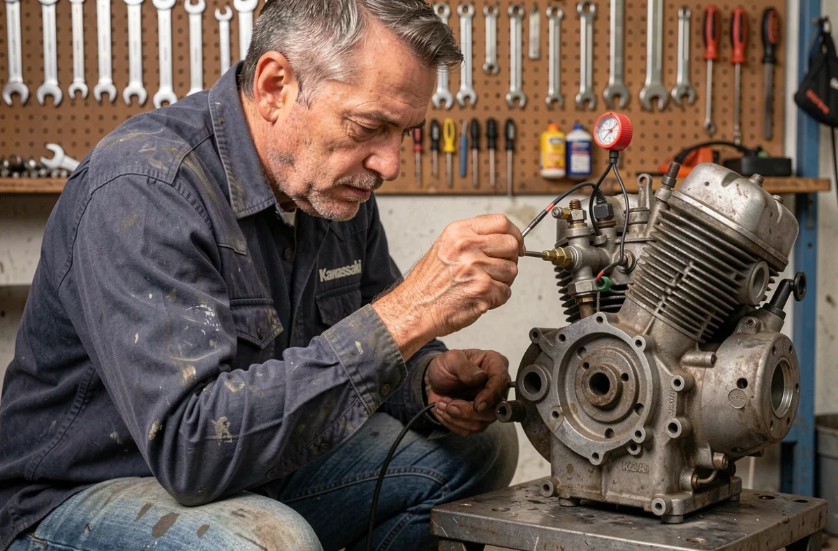 Mécanicien réglant l'allumage d'un moteur Kawasaki KZ 400 avec une lampe stroboscopique