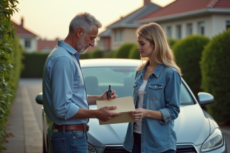 Homme remettant des clés de voiture à une jeune femme devant une voiture