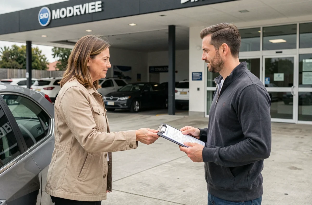 Propriétaire de véhicule remettant ses documents d'immatriculation à un conseiller de garage pour une carte grise en urgence