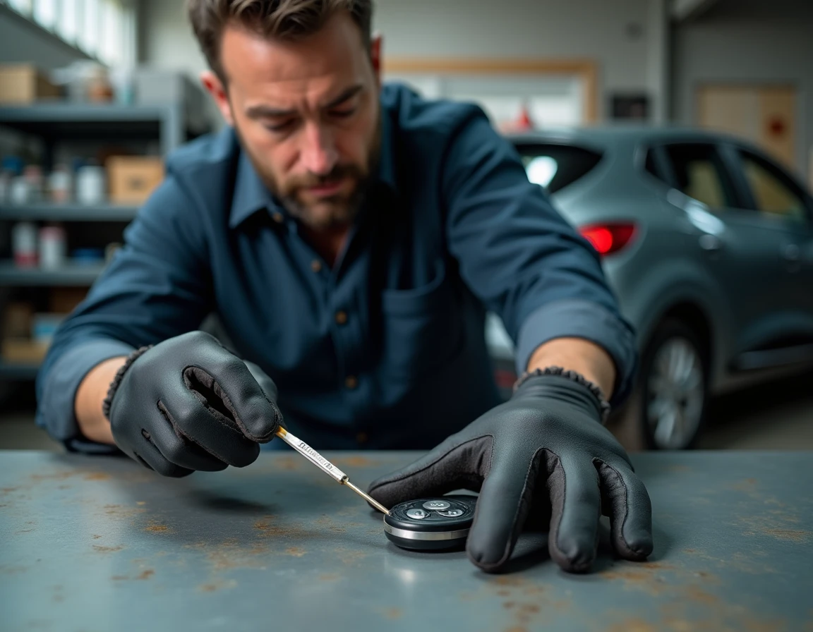 Homme remplaçant la pile CR2032 d'une clé de Renault Clio 4 dans un garage