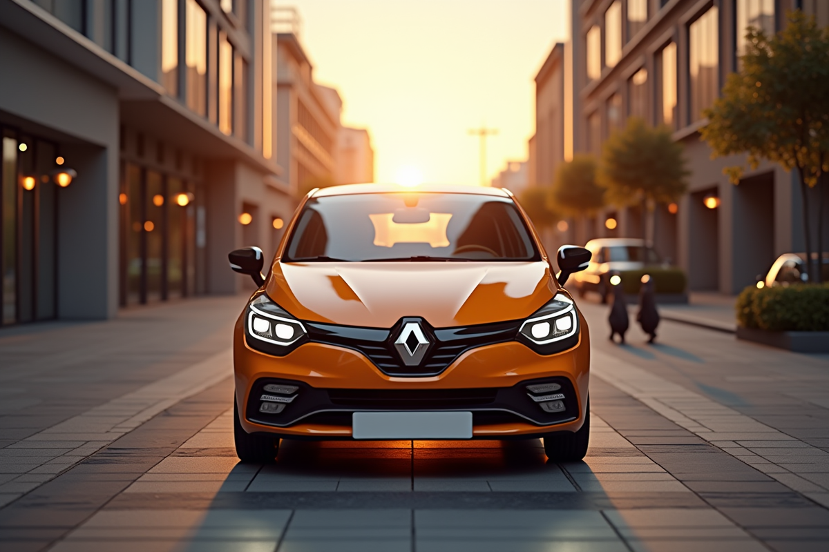 Renault Clio 2 V6 stationnée en ville au lever du soleil