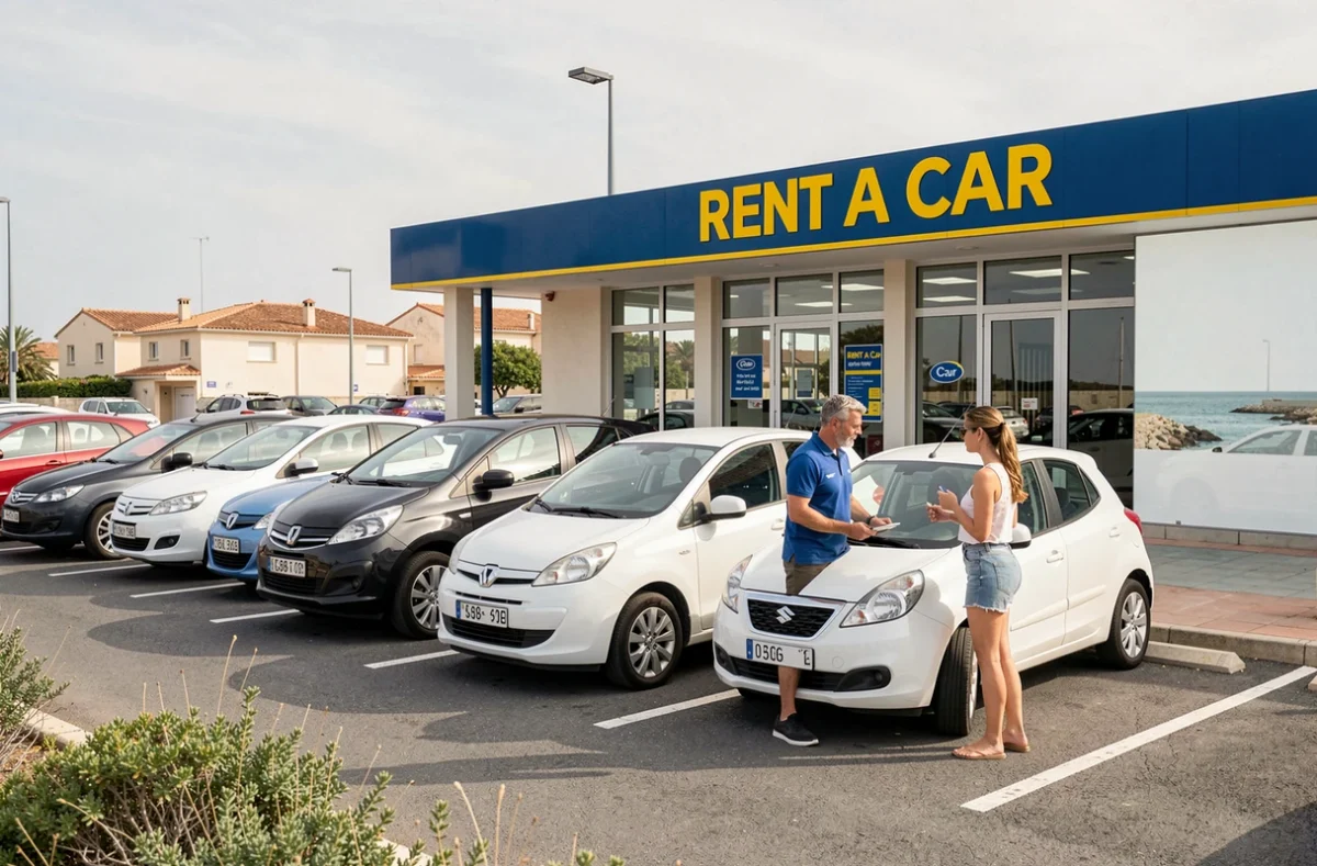 Agence Rent A Car près de Toulon avec un agent en polo bleu et une cliente devant une rangée de véhicules compacts