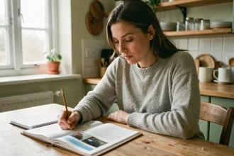 Femme adulte révisant le code de la route en candidat libre à la maison avec un manuel ouvert et des notes manuscrites
