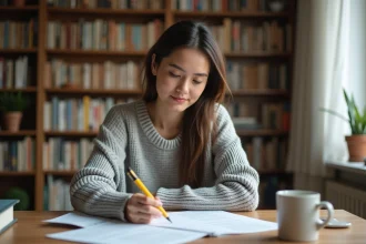 Jeune femme révisant ses fiches PDF de cours sur le permis de conduire à son bureau à domicile avec un surligneur