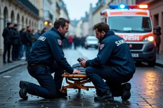 Secouristes du SAMU en intervention sur un lieu d'accident dans une rue de Rennes, avec ambulance et barrières de police