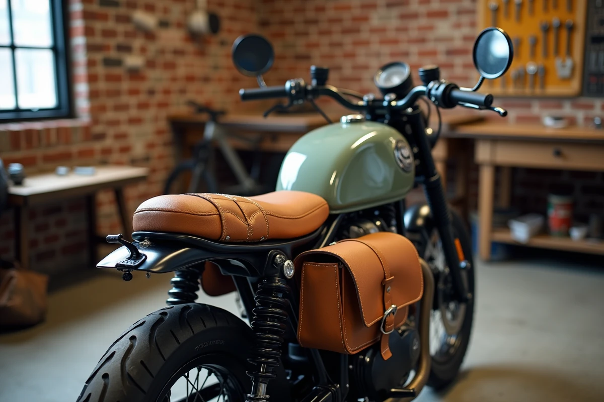 Détail selle ergonomique et sacoche de réservoir en toile cirée sur une moto café racer dans un atelier artisanal