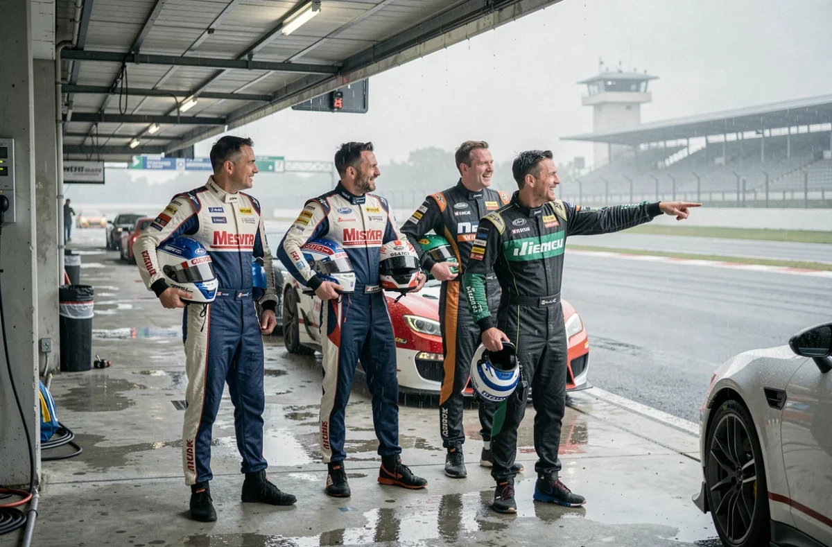 Groupe de stagiaires en combinaison de pilotage dans la voie des stands sous la pluie discutant lors d'un stage de conduite sur circuit