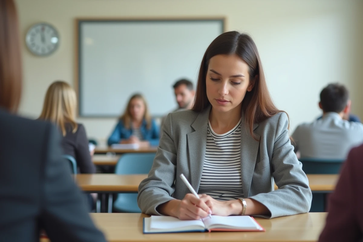 Femme adulte participant à un stage de récupération de points de permis de conduire en salle de cours