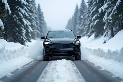 SUV électrique 4x4 noir roulant sur une route de montagne enneigée entourée de sapins couverts de neige