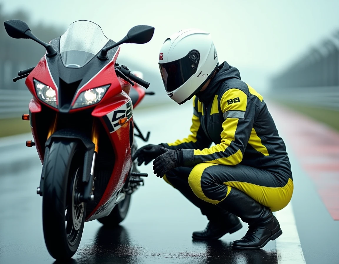 Pilote inspectant les pneus d'une Suzuki GSX-S 125 sous la pluie sur circuit d'essai mouillé