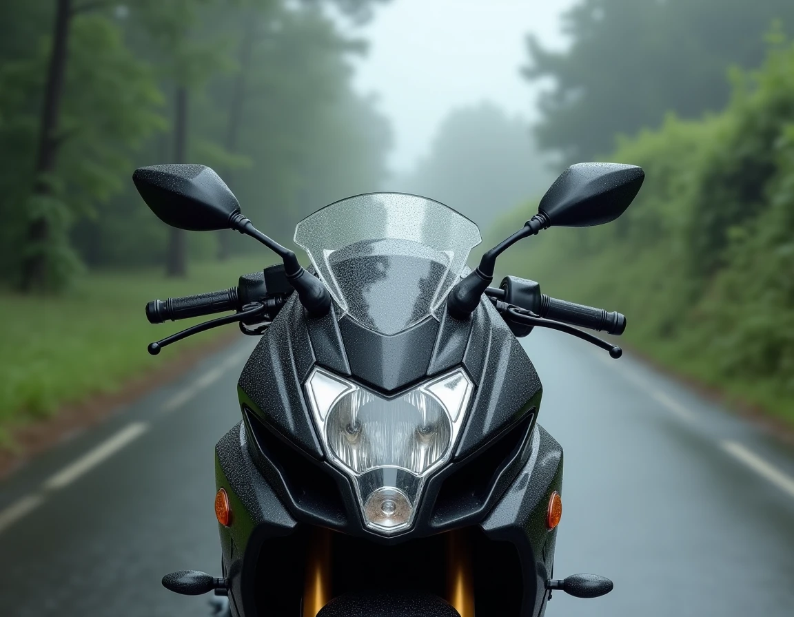 Suzuki GSX-S 125 stationnée sous la pluie avec gouttes d'eau sur le carénage et le tableau de bord