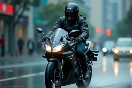 Suzuki GSX-S 125 roulant sous la pluie sur route urbaine mouillée avec spray d'eau visible