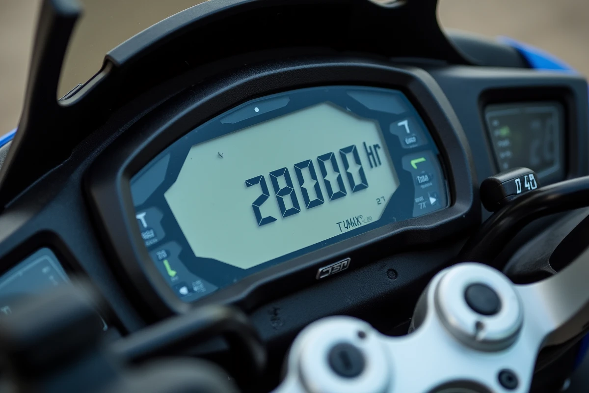 Gros plan sur le tableau de bord numérique d'un TMAX 750 affichant un kilométrage de 28 000 km, détail clé pour évaluer l'état d'un scooter d'occasion