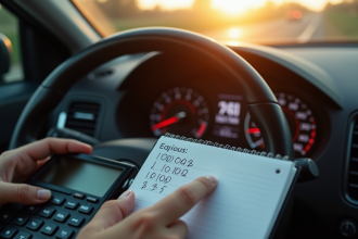 Zoom sur un tableau de bord de voiture avec calculatrice et carnet