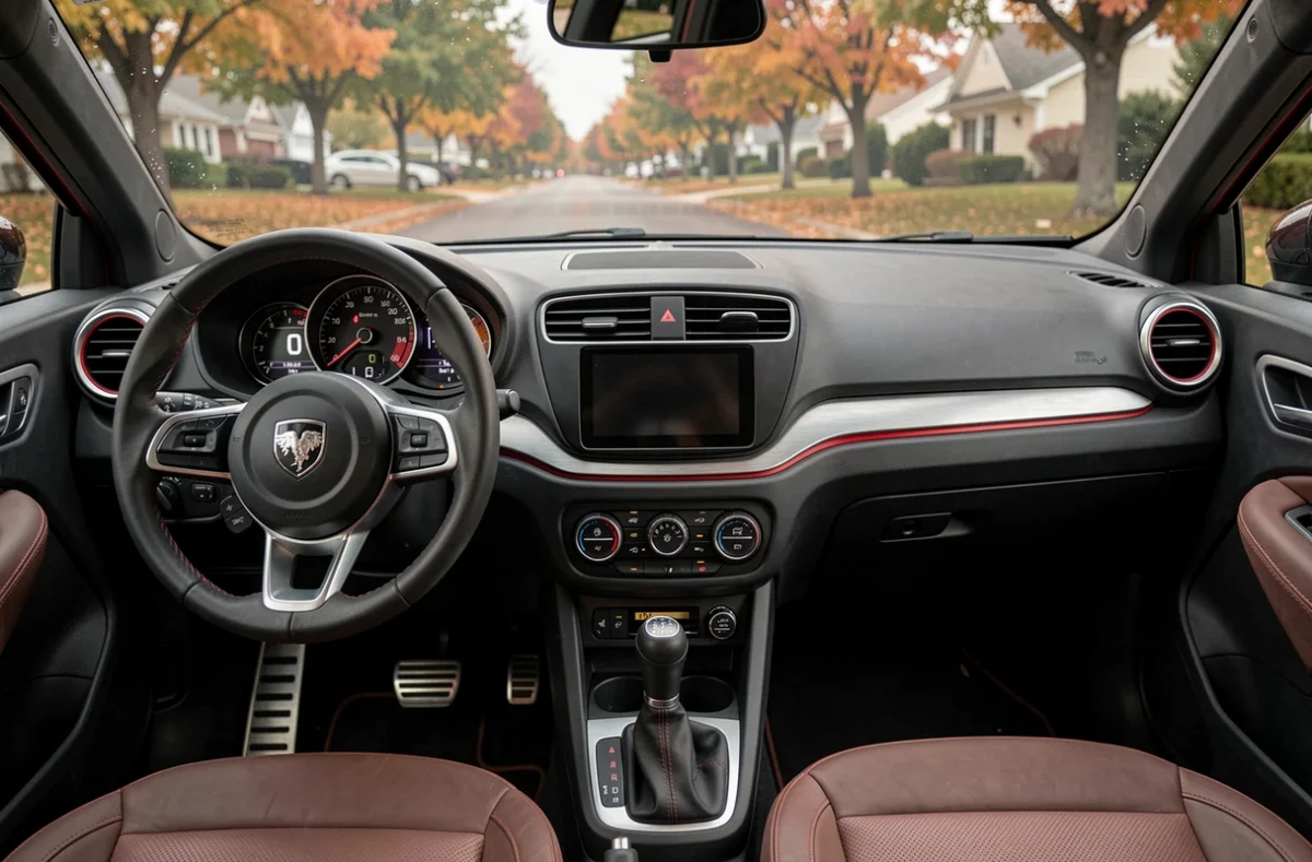 Tableau de bord sportif d'une voiture sans permis GTI avec compteur numérique et touches rouges