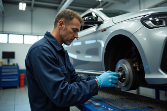 Technicien automobile inspectant le frein d'une voiture sur lift