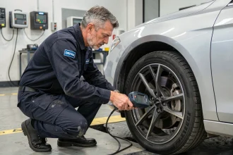 Technicien DEKRA effectuant un contrôle technique sur le train avant d'une berline dans un centre de contrôle automobile professionnel